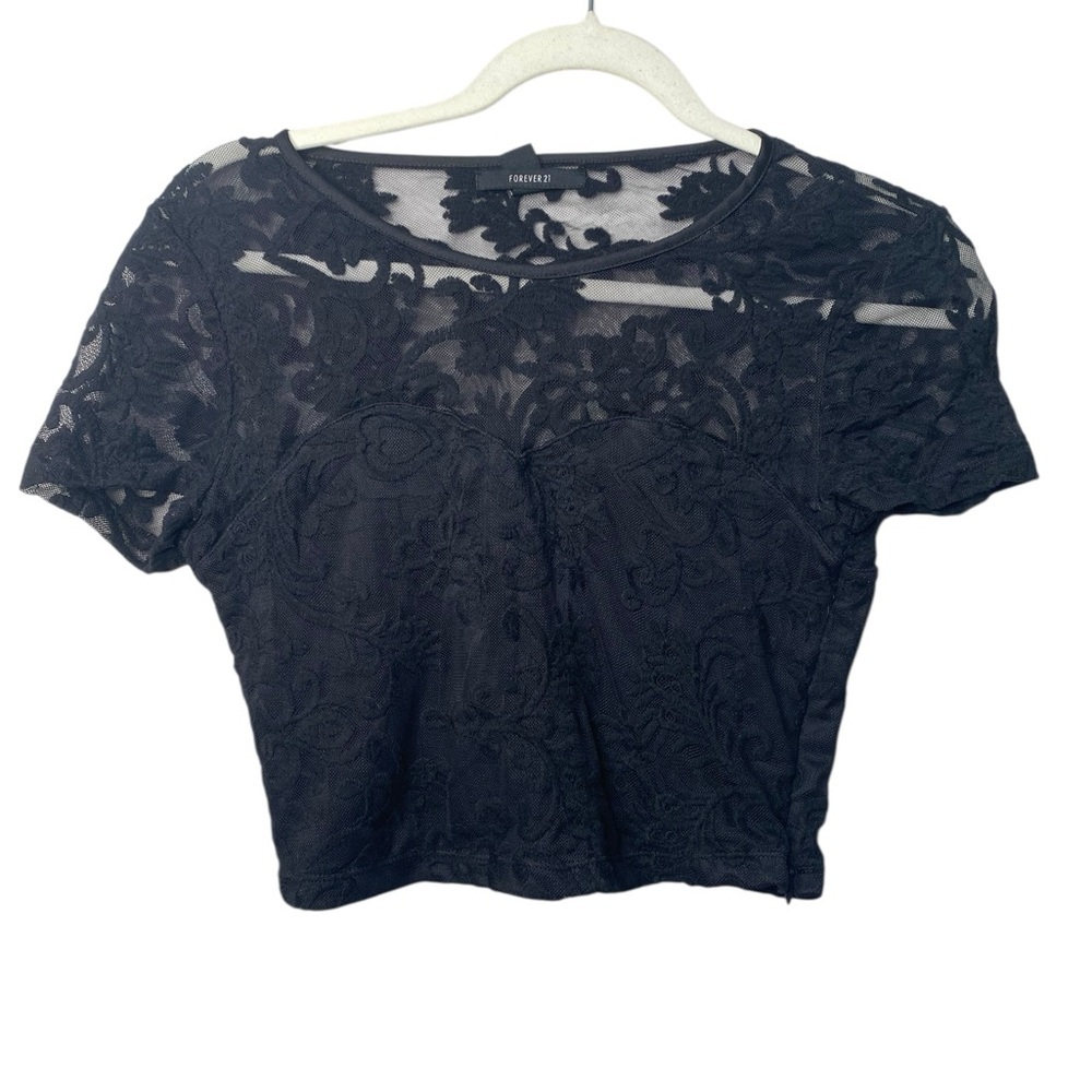 Forever 21 Black Lace Sheer Mesh Crop Top (Size M)